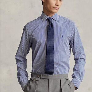 Ralph Lauren Navy and‎ White Striped Long Sleeve Dress Shirt 17/43 Burgundy Pony